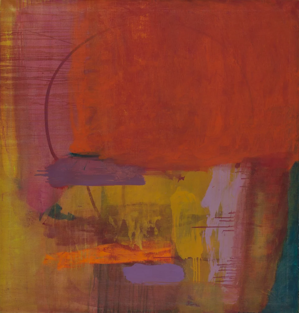 Oil on canvas painting, comprised of reds, yellows, and purples, with gestures of green and orange near the bottom of the composition.