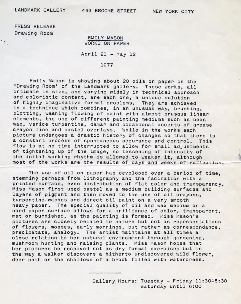Image of a typewritten press release of a 1977 exhibition.