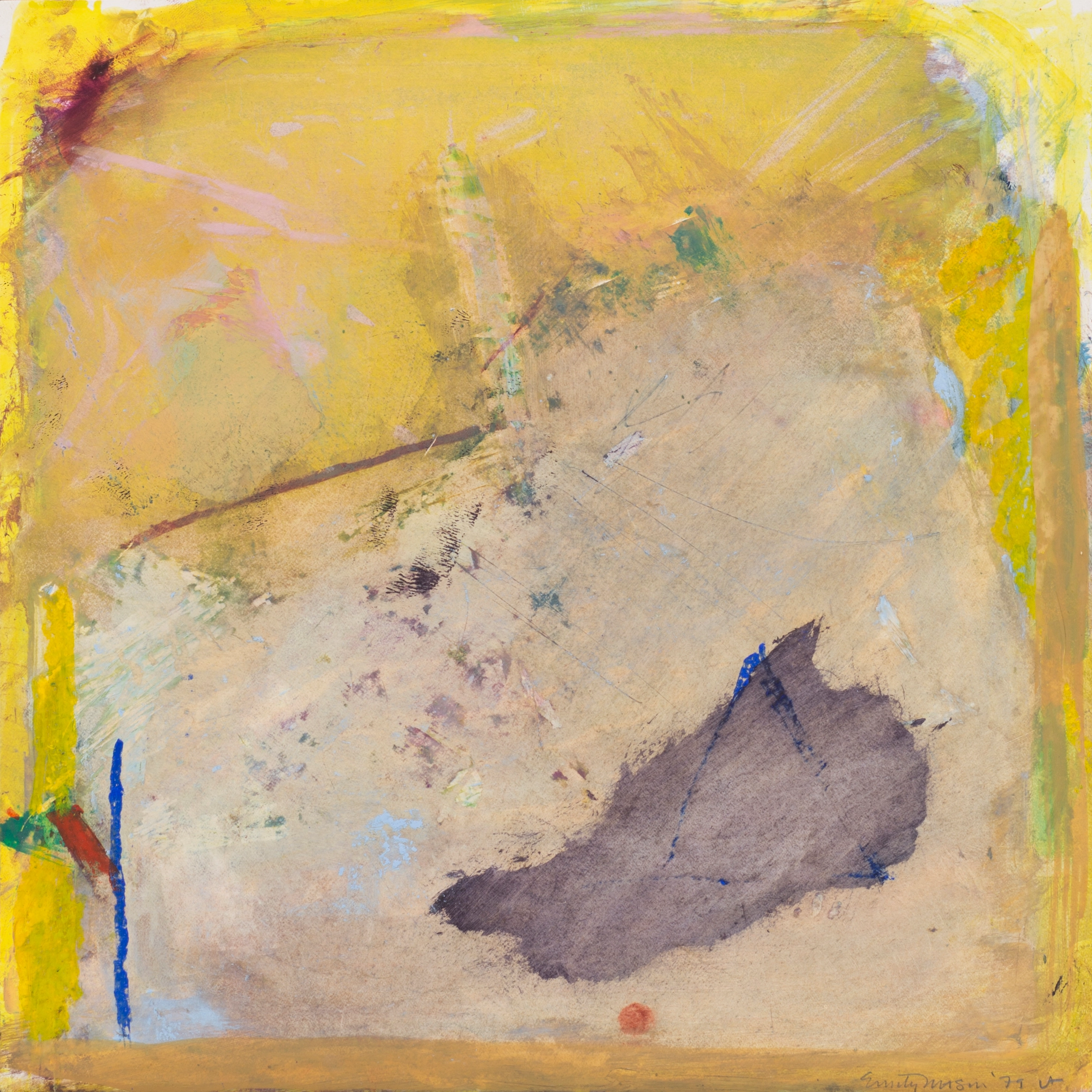 An oil on paper work, predominantly yellow with mauve and grey-purple gestures/shapes layered on top