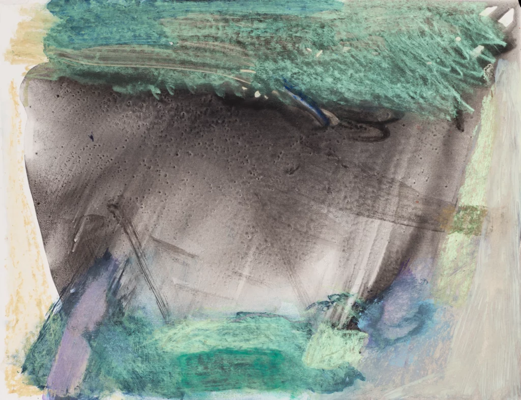 Oil on paper work comprised of greys in the center, surrounded by green pastel-like marks at the top and bottom. Hints of purple, yellow, and blue are on the sides and bottom of the composition.