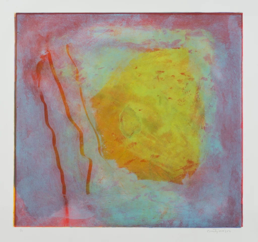 Mono print on paper, consisting of white and red-orange layers, with a dominant yellow circular form in the center.