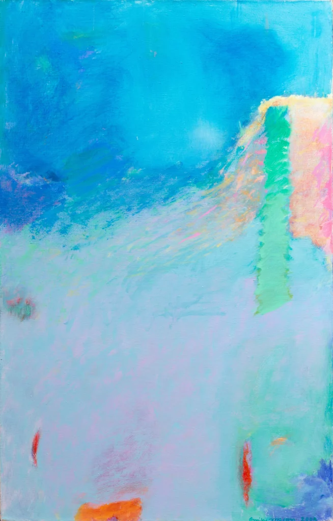 Abstract oil painting comprised of blues, purples, and magentas with a green vertical gesture on the right.