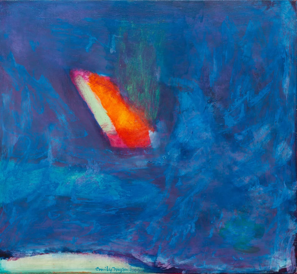 Abstract oil painting with deep blue gestural brushstrokes. There is a reddish-orange form with a white mark in the center.