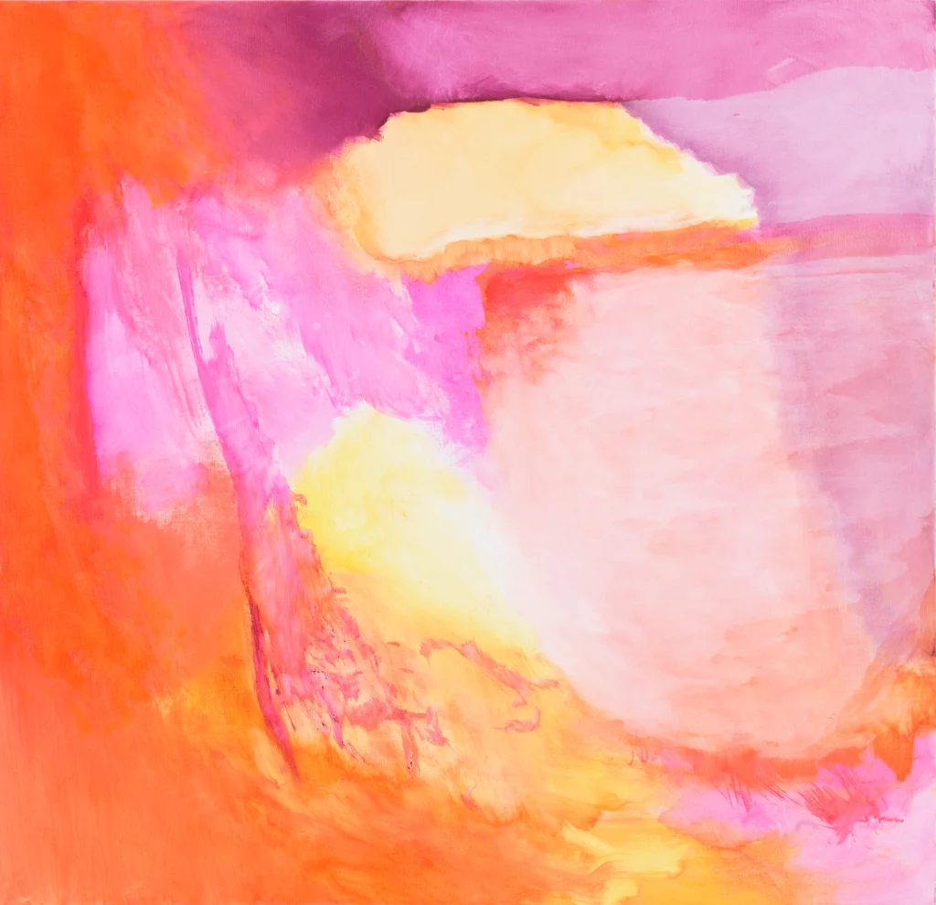 Abstract oil painting with orange, yellow, pink, and magenta transparent gestures.