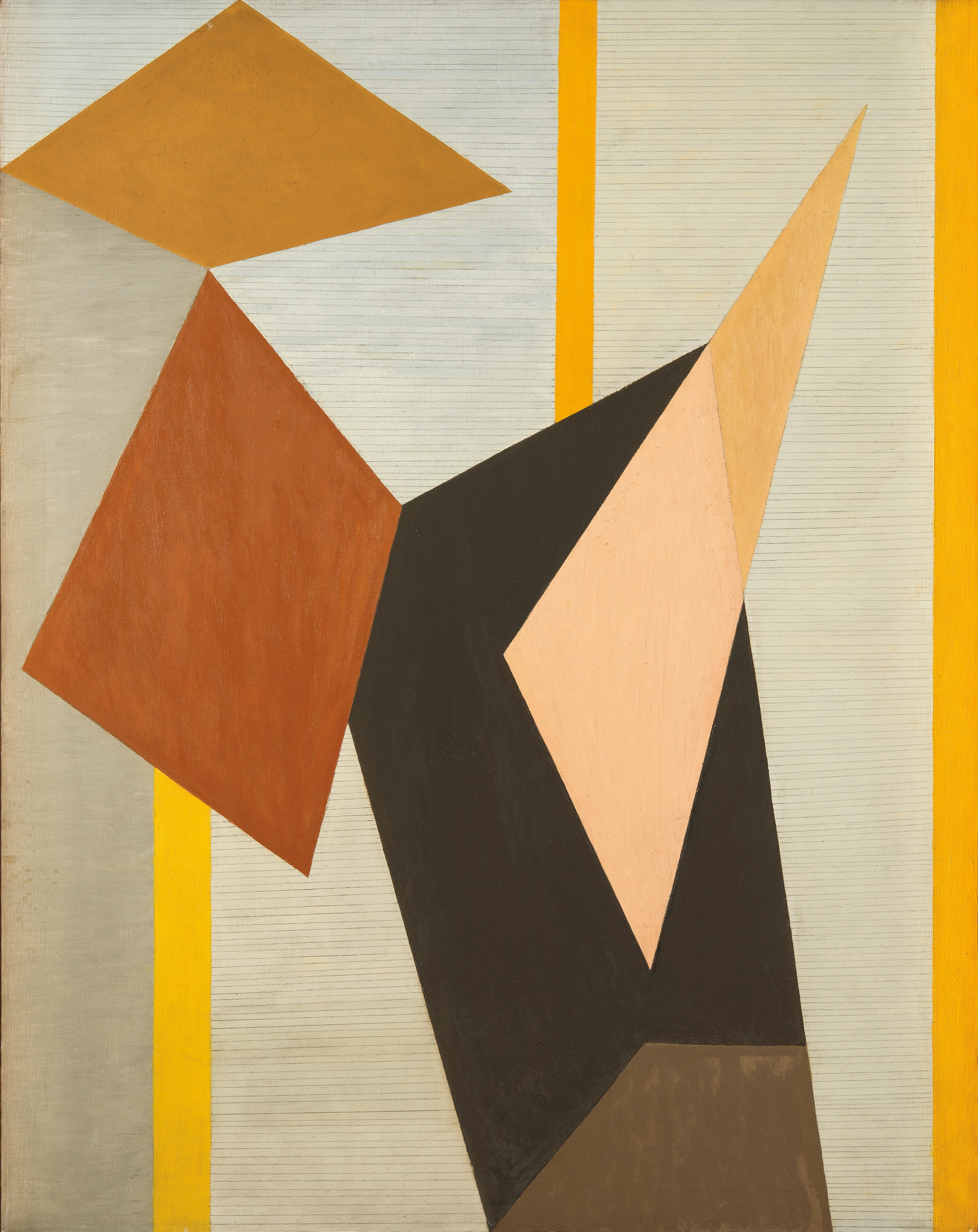 Abstract oil painting comprised of a pink, orange, orange-red, black, and brown triangles and parallelograms. The background of these shapes is grey-beige, with three orange vertical stripes spaced widely apart.