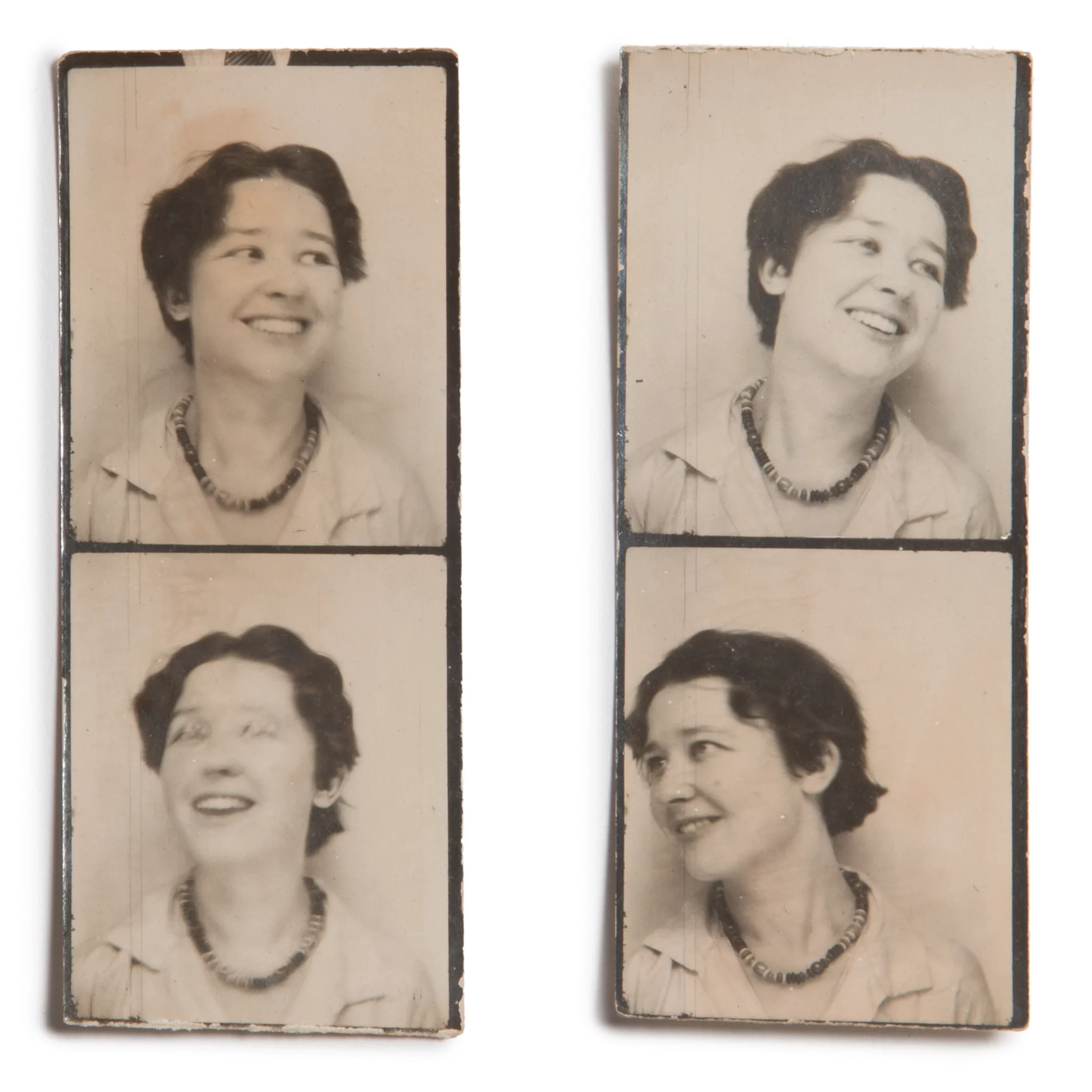 Two strips of 2 photo booth photos from the 1930s, of a young woman with a light skin tone and dark hair with a short haircut smiling in each photo.