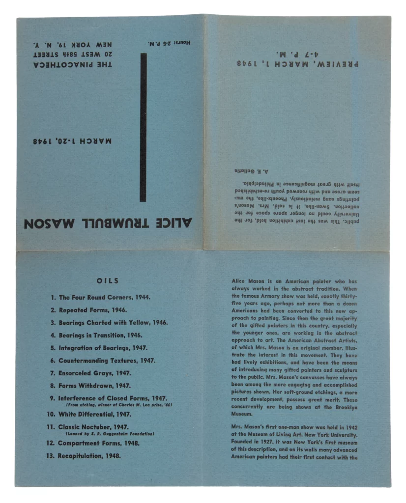 Image of an unfolded, light blue brochure with black text from a 1948 exhibition.