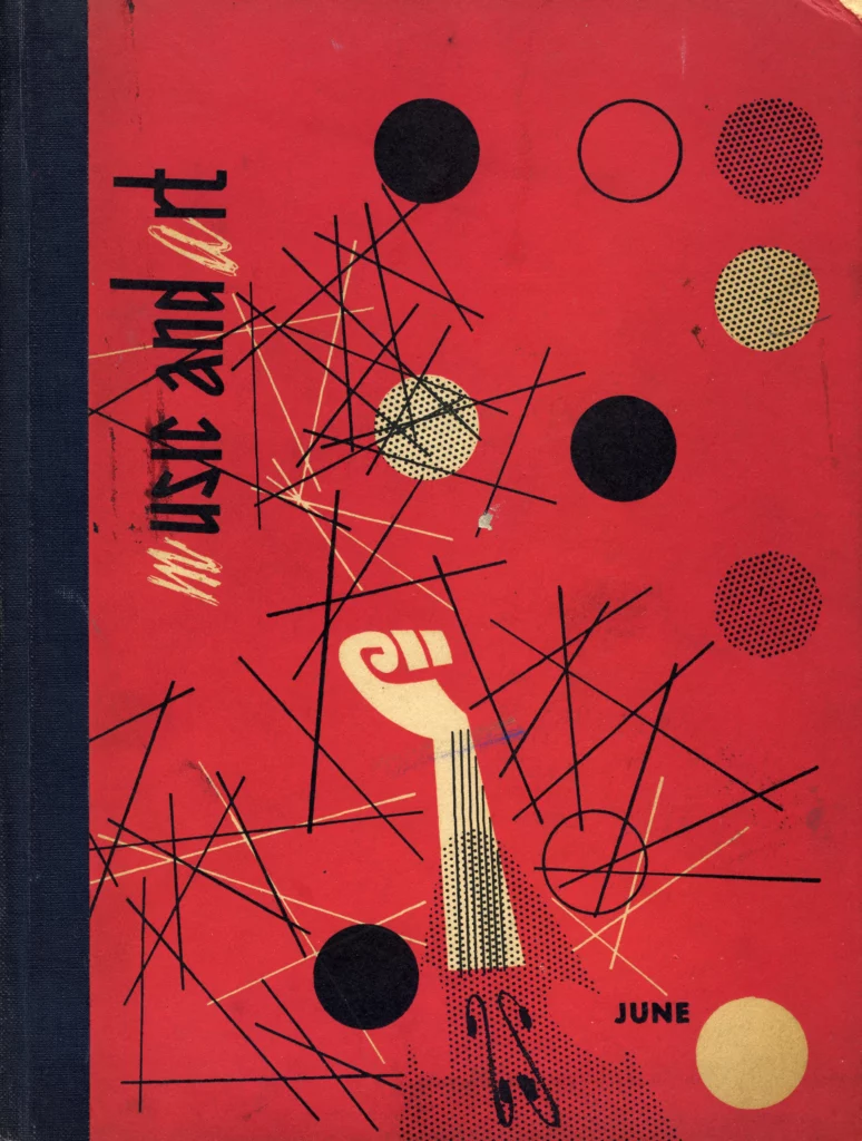 A book with a red cover and black spine, designed with lines and geometric shapes; vertical text on the left-hand side reads "music and art"