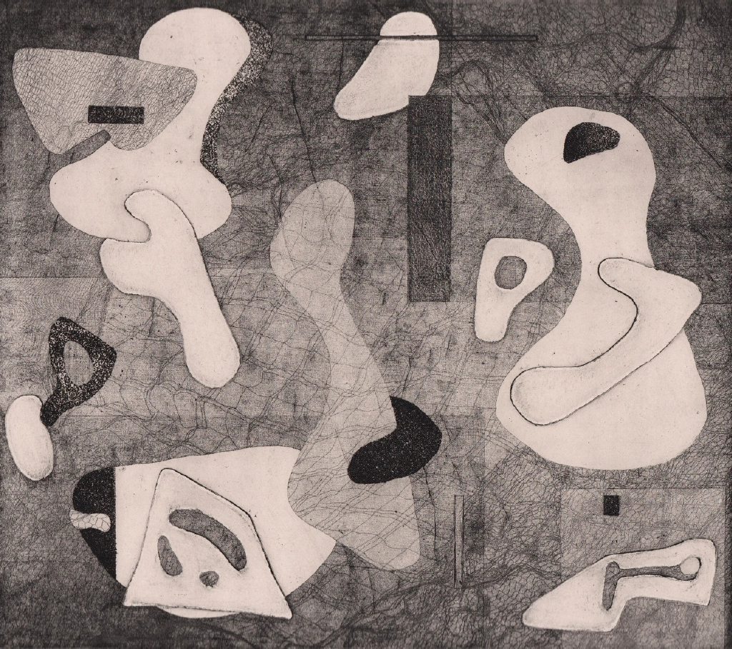 Etching on paper of black, white, and grey biomorphic forms, which overlap and seemingly float throughout the canvas.