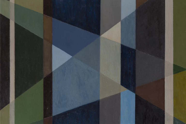 Oil on canvas painting of intersecting vertical and diagonal lines. The color of the forms created by these intersecting lines range from various blues, to greens, browns, and beiges.
