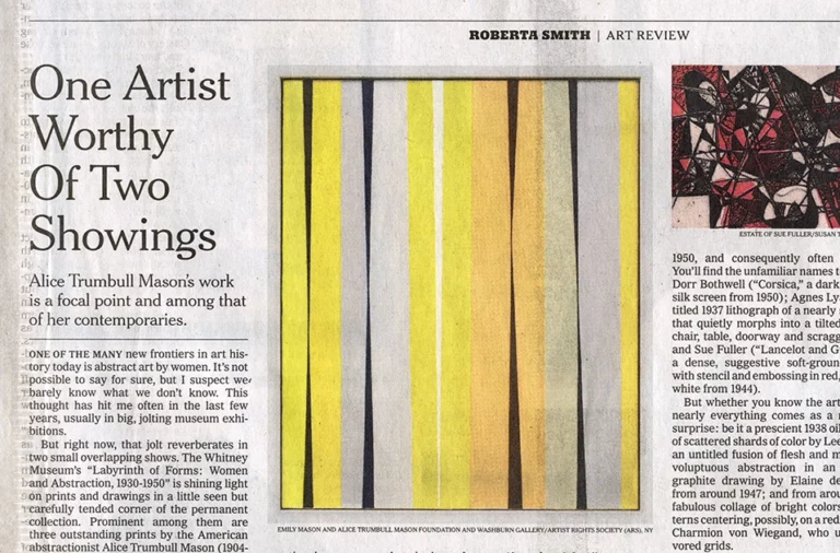 Scan of a newspaper article with an abstract painting within the article.