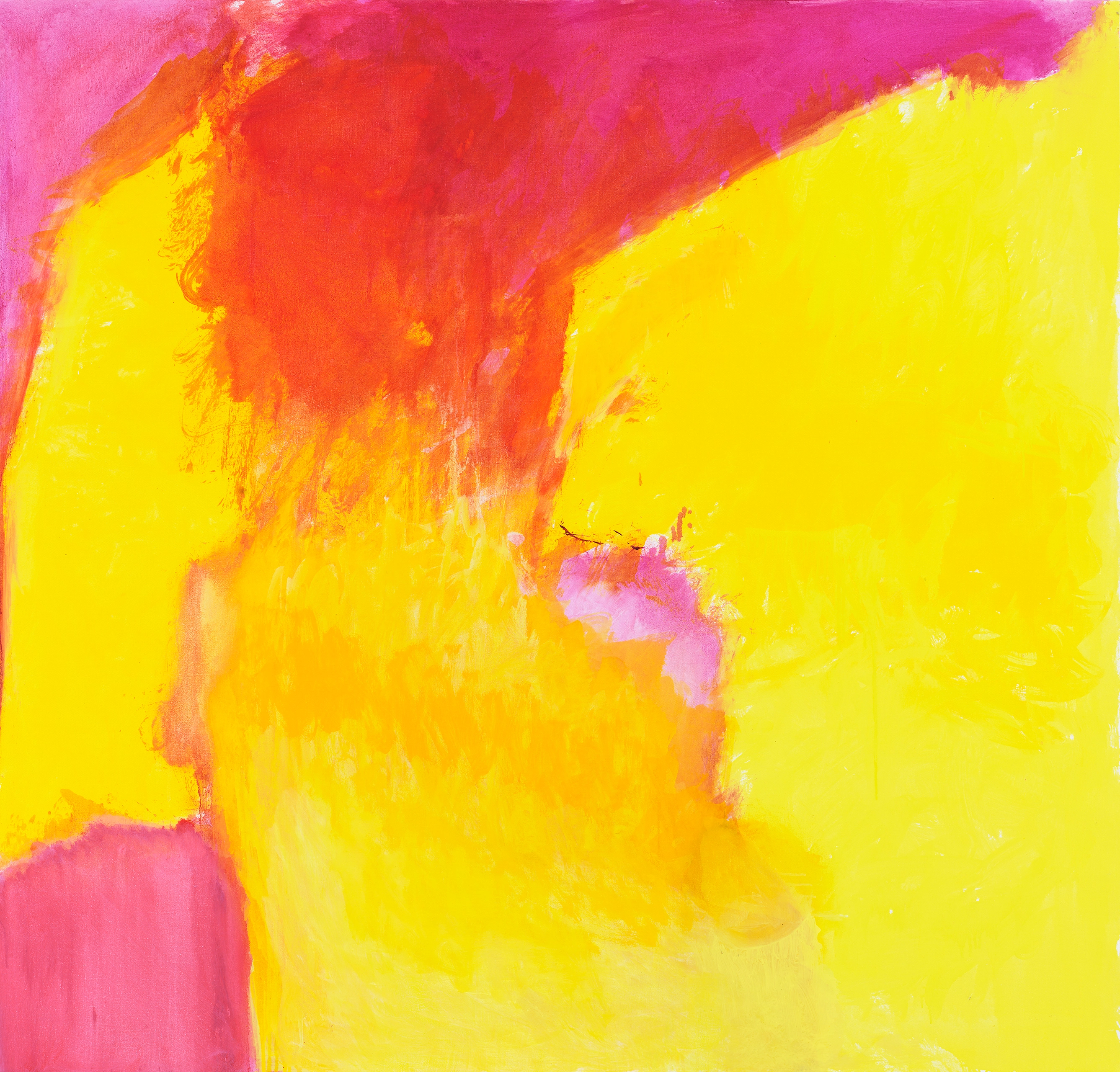 Abstract oil on canvas painting with large swatches of bright yellow areas, punctuated with red and fuscia