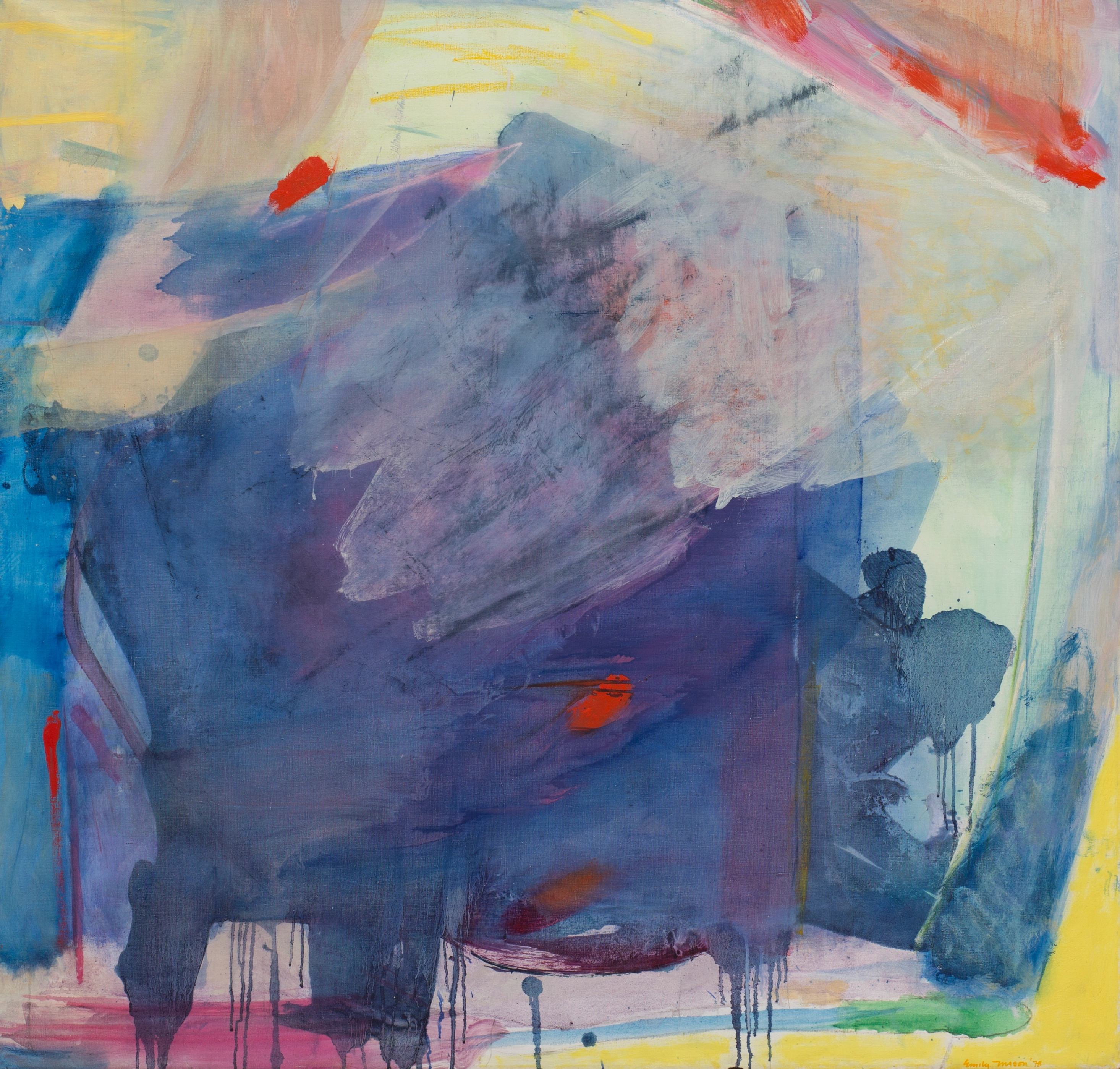 Image of an abstract painting with predominantly blue brushstrokes and washes of varying beige, pinks, and yellows.