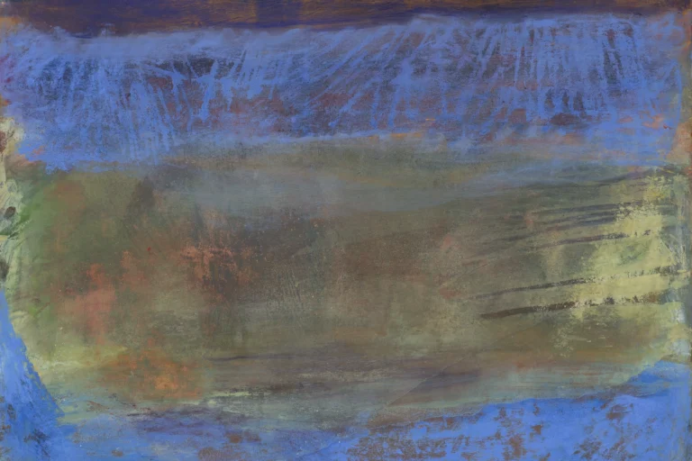 An image of an abstract oil on paper work, with a greyish-yellow, horizontal band in the center, with light blue strokes above and below it. A deep purple, horizontal band is at the very top of the composition.