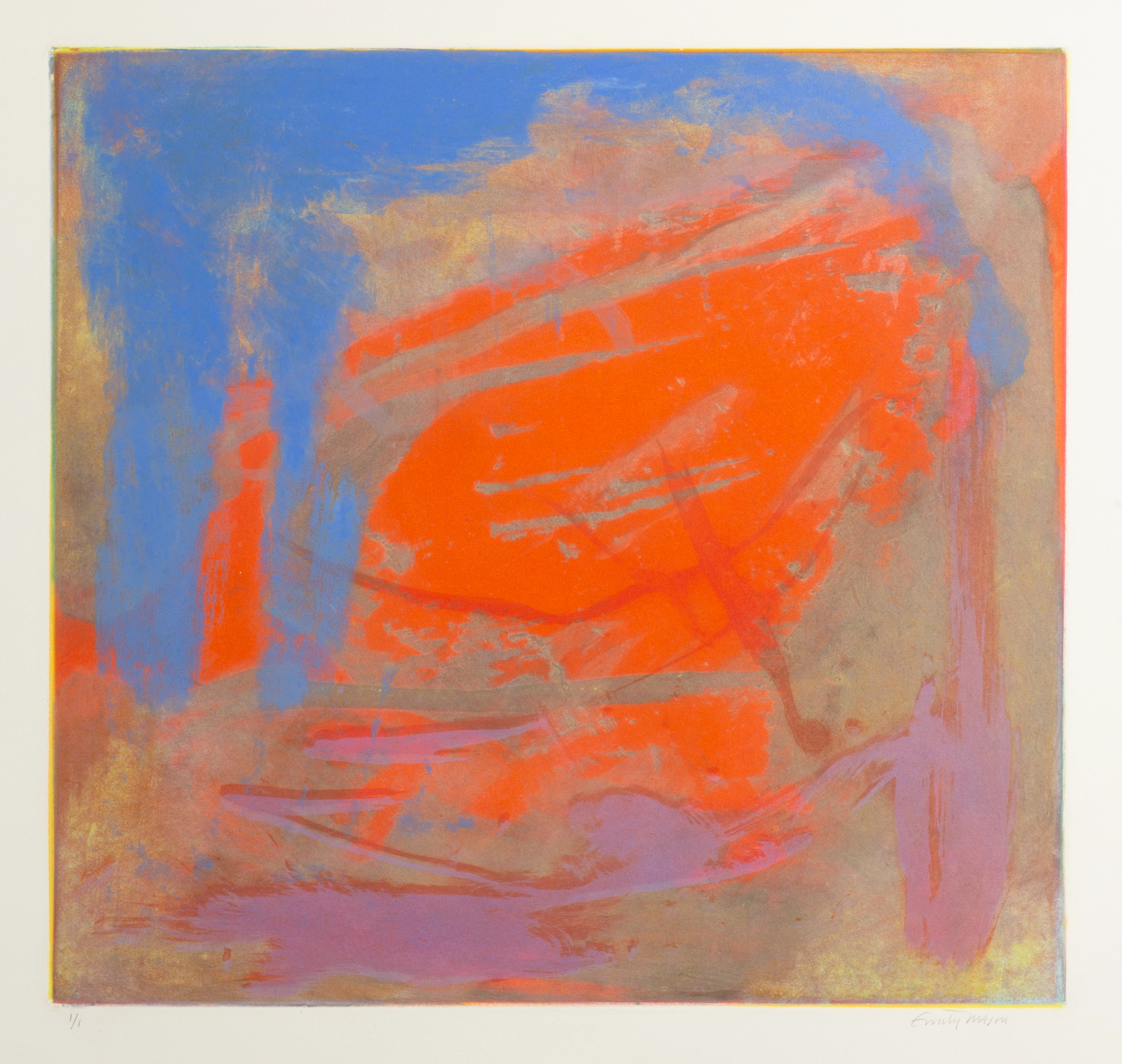 Image of an abstract print that features saturated orange and blue gestures over a neutral, taupe and mauve background.