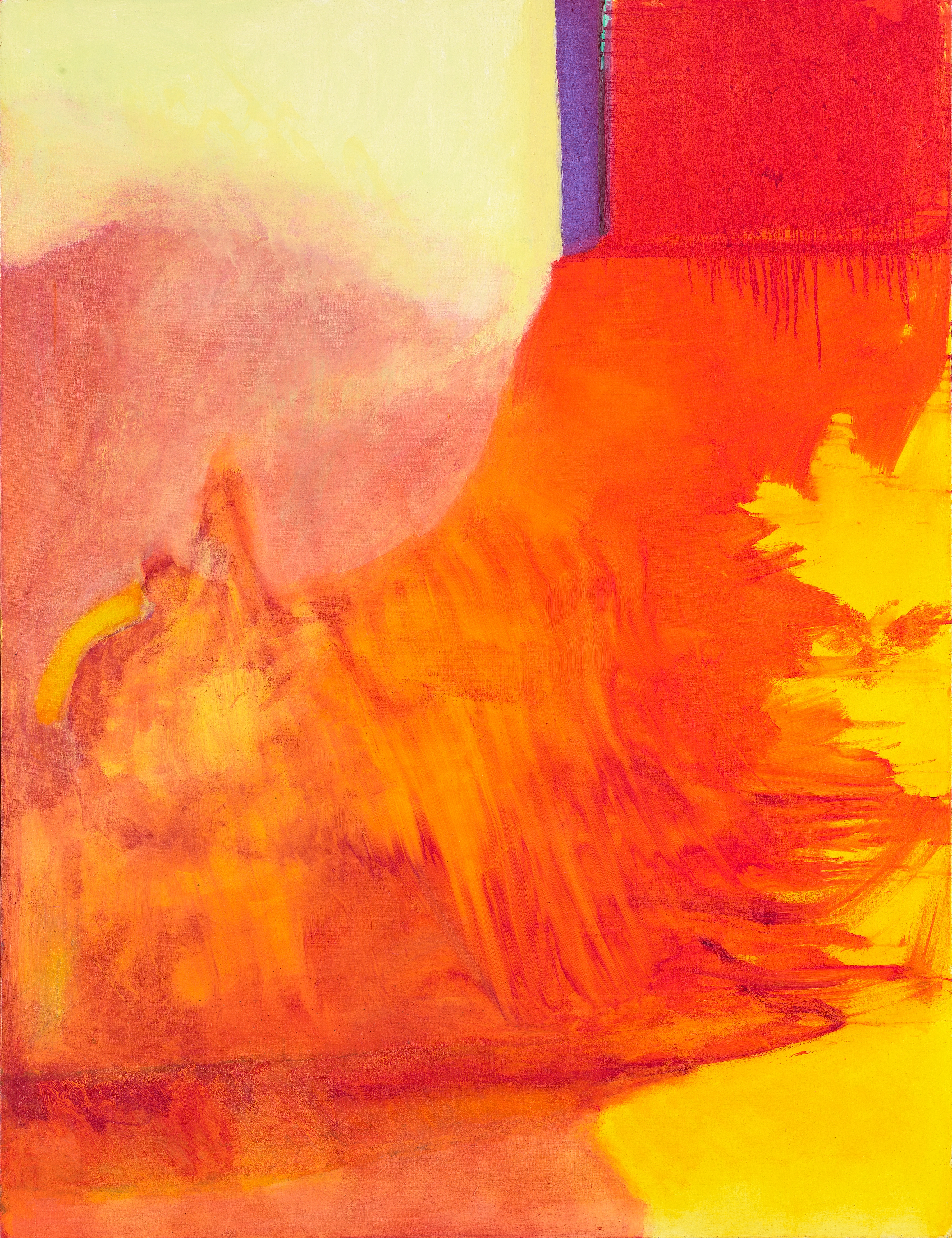 Red, orange, and yellow oil on canvas painting with one vertical, slightly geometric purple line at the top right of the composition