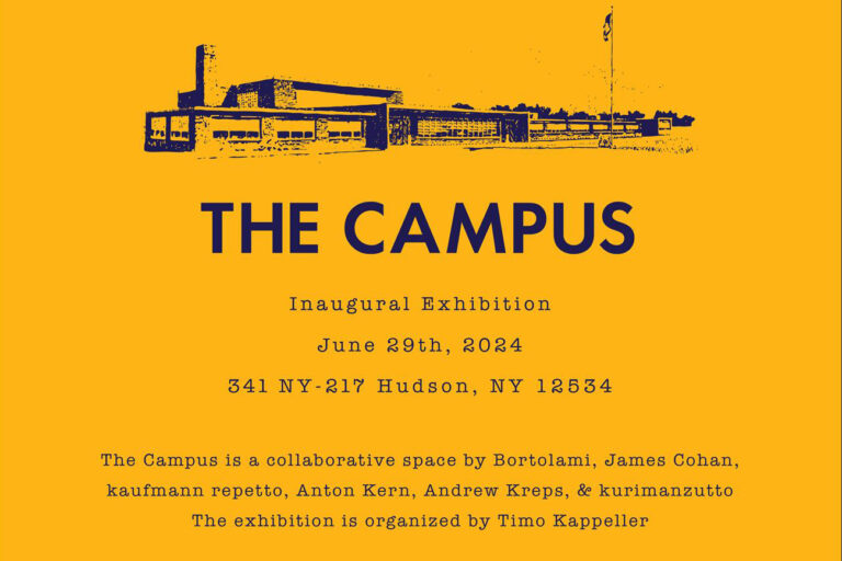 An image of black text on a yellow background for the exhibition "The Campus" in Hudson, NY
