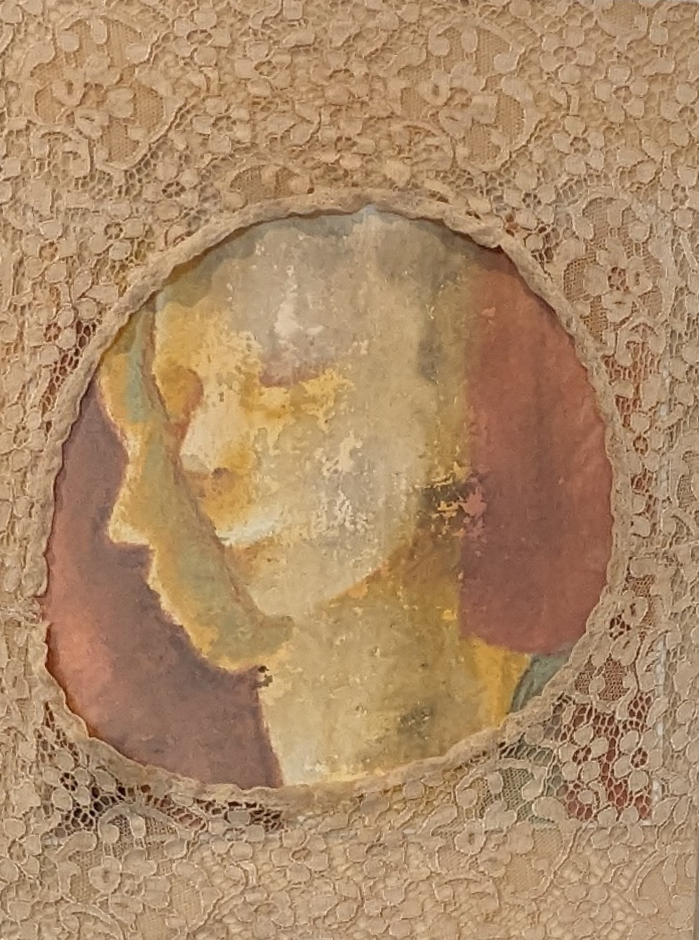 Image of a painting of two yellow heads, one 3/4 view and the other as a side profile, surrounded by beige lace