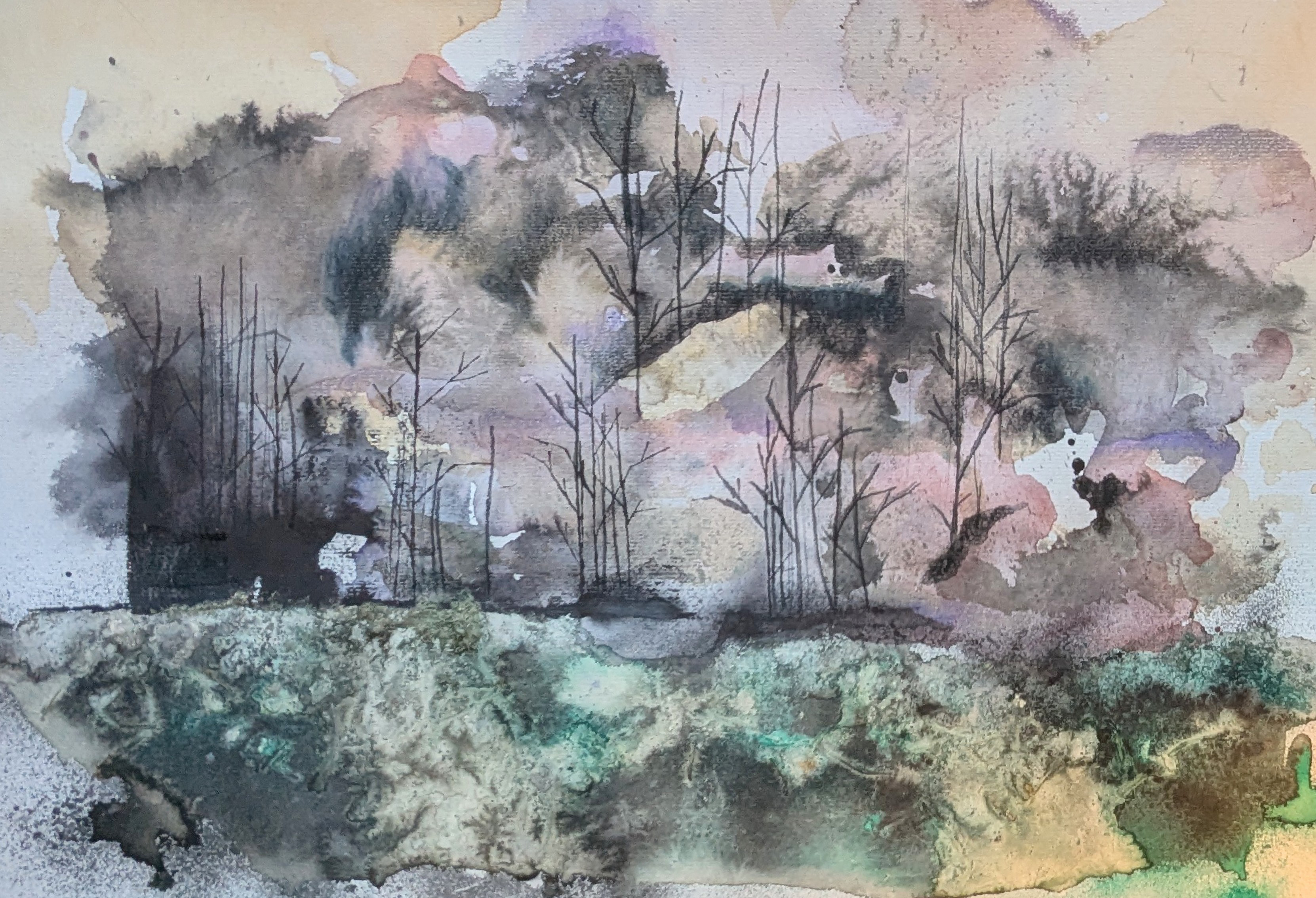 A watercolor on paper work of a landscape, the sky has patches of pink and purple, while the ground has green, yellow, and black washes of color.