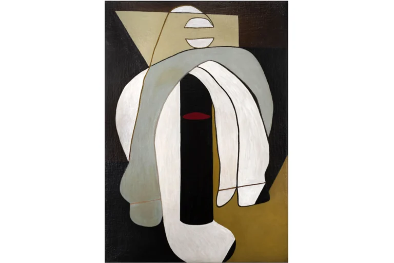 An abstract oil painting comprised of long brown, beige, grey, and white forms. A horizontal, oblong, red circle is in the center of the piece.