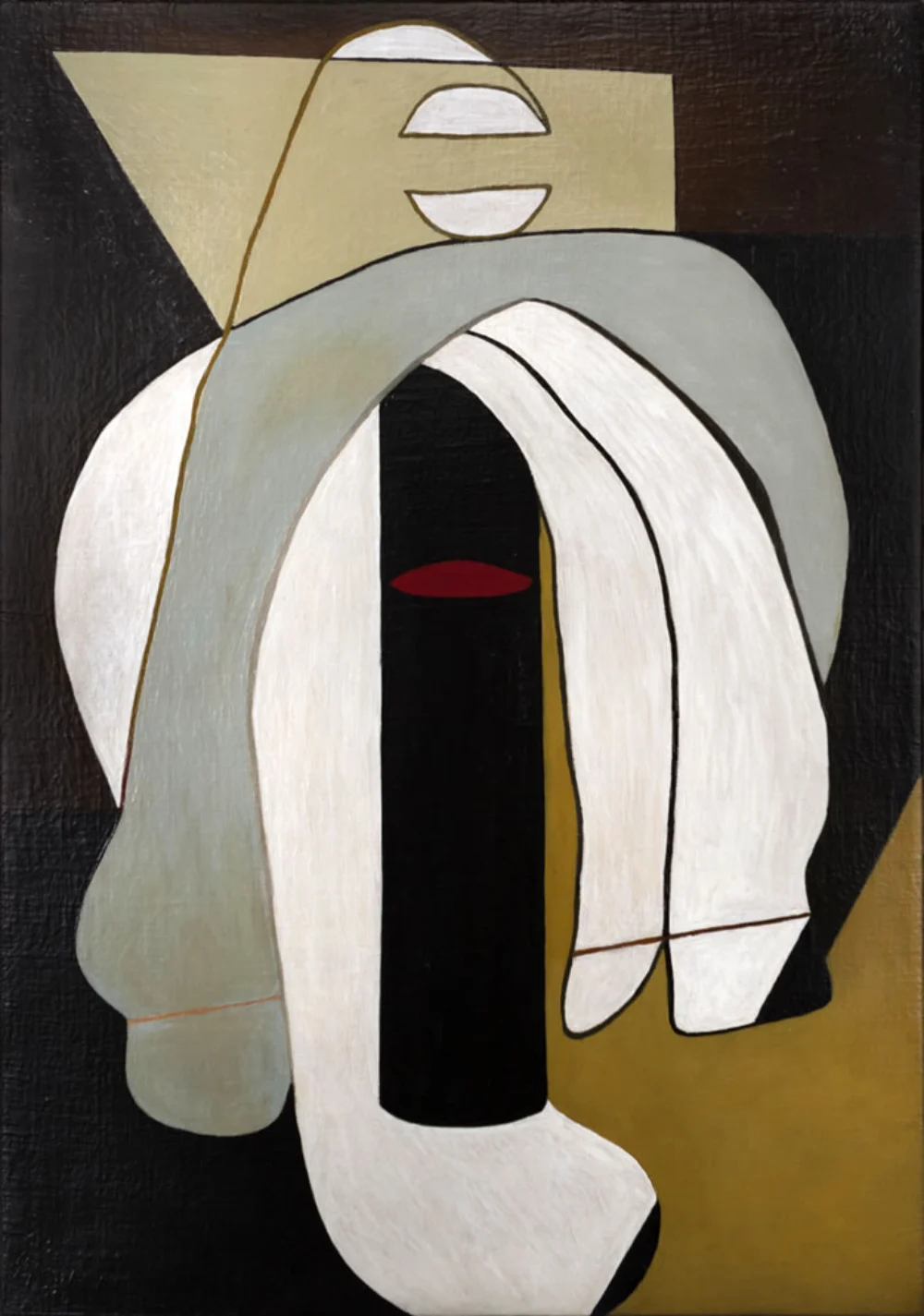 An abstract oil painting comprised of long brown, beige, grey, and white forms. A horizontal, oblong, red circle is in the center of the piece.