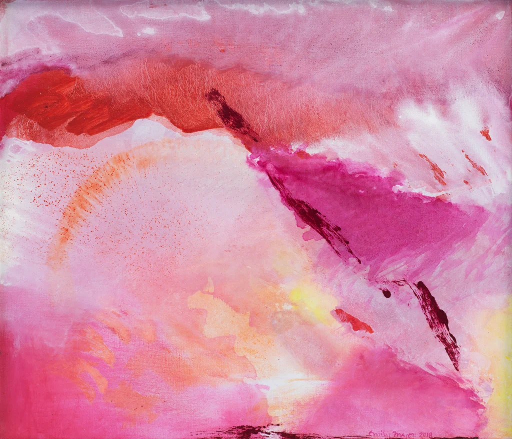 A horizontal abstract oil painting with veils and washes of of reds, pinks, oranges, and bright yellow, with the white of the canvas peeking from underneath.