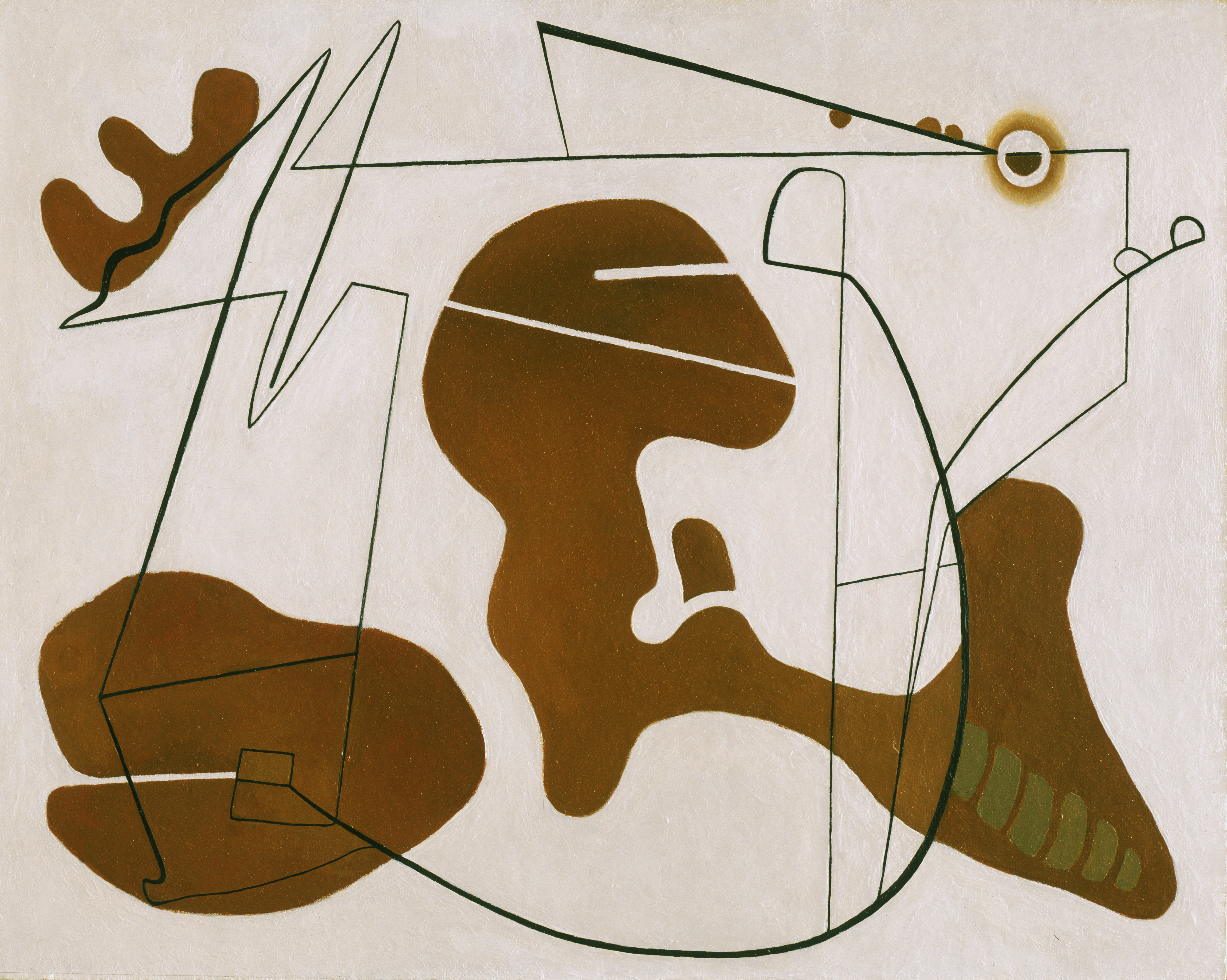 An abstract oil painting consisting of biomorphic, brown forms and organic, cured black lines.