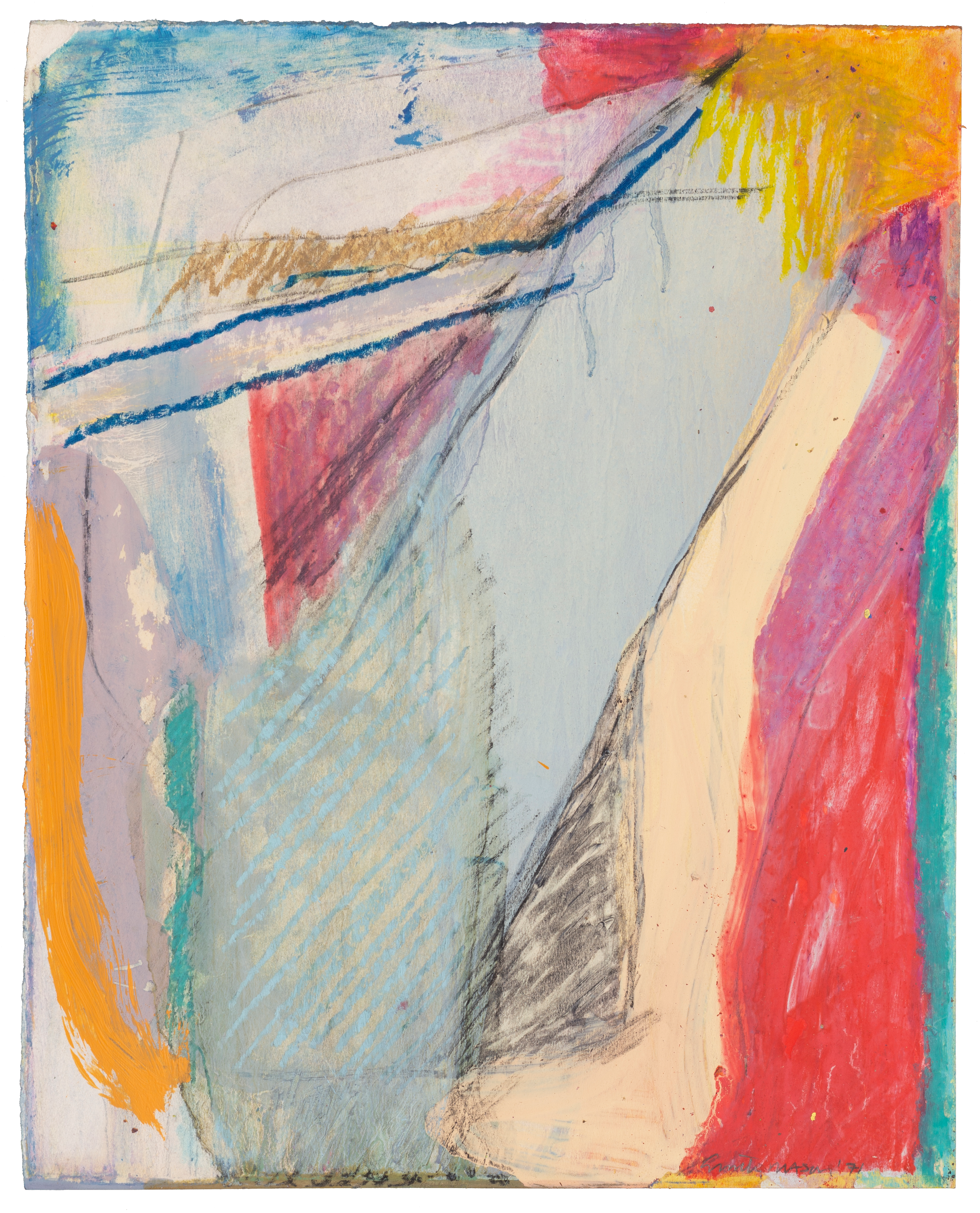 1971-35-OP An abstract oil on paper artwork comprised of blue, beige, and magenta colors.