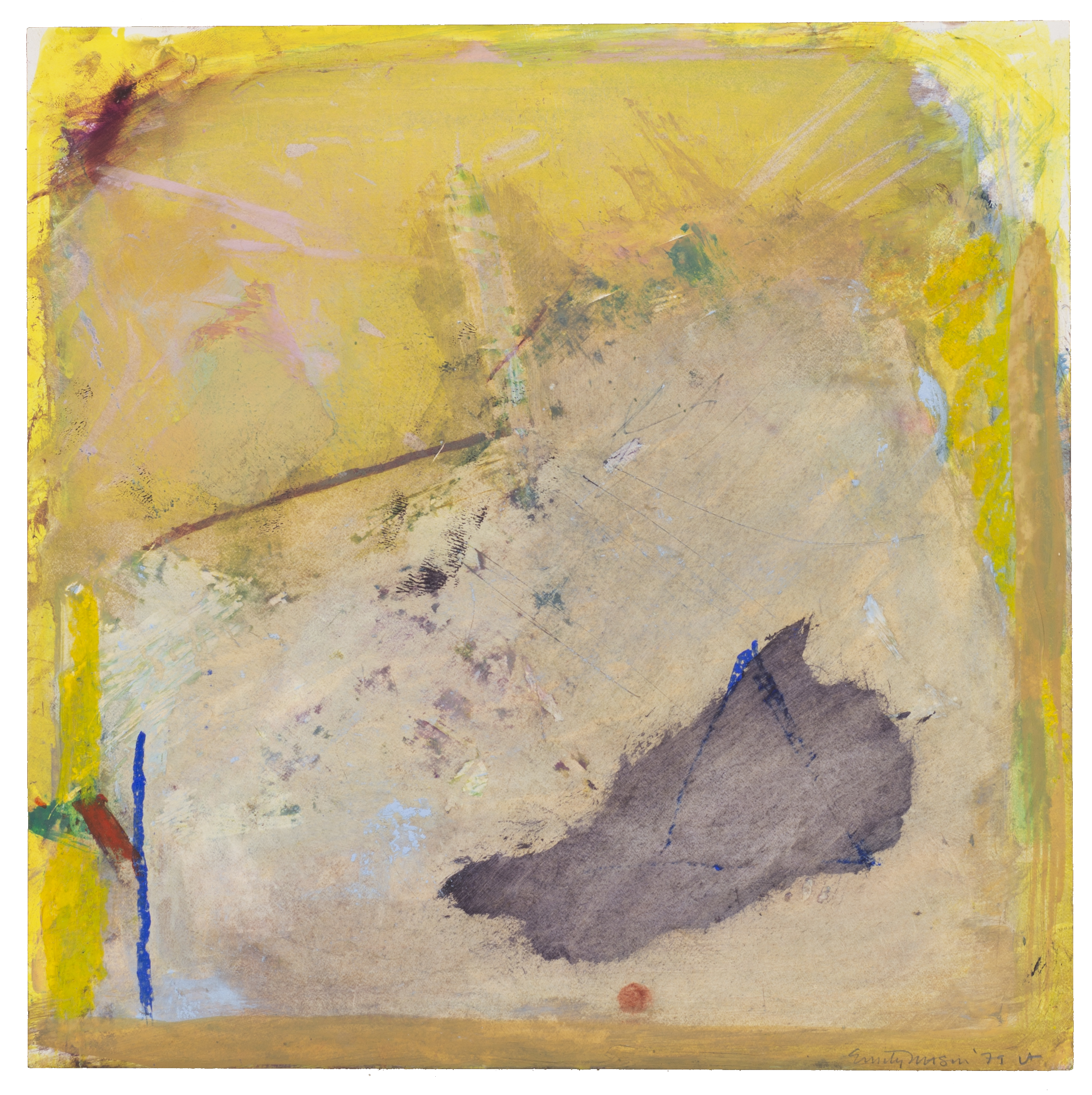 1979-09-OP-Ginger_Root An abstract oil on paper work comprised mostly of yellow hues and a grey-purple organic shape on the bottom right of the composition.