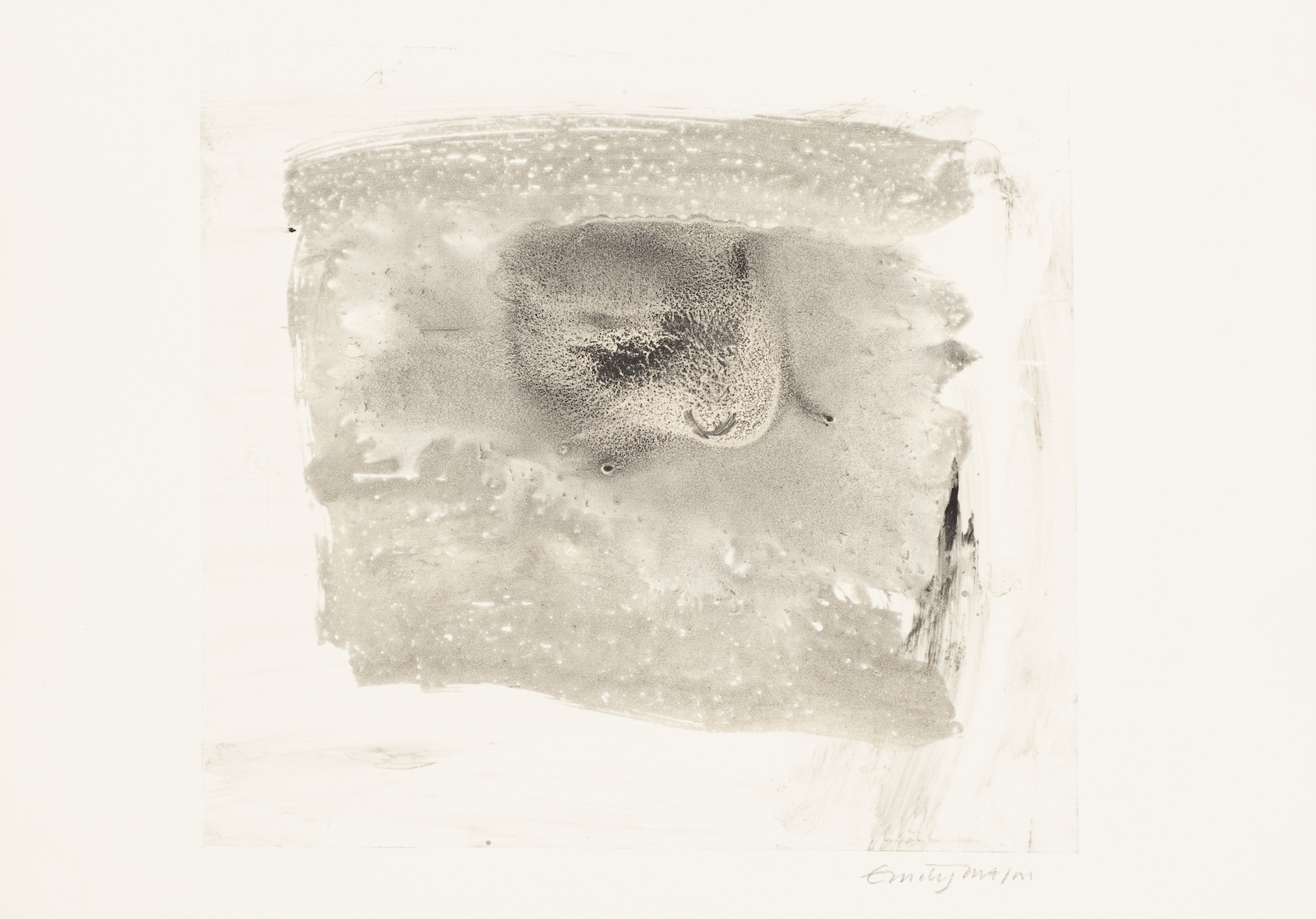 A work on paper using black ink; a light, square wash of ink is created in the center of the composition.