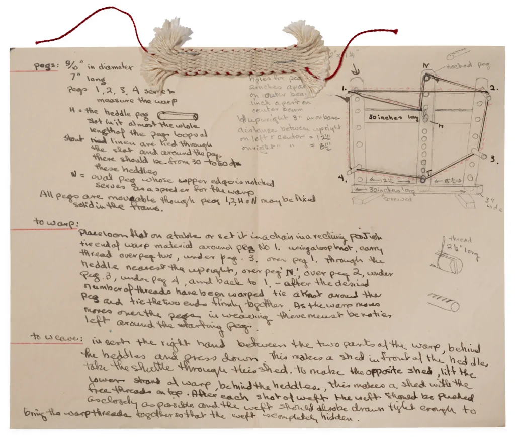 A handwritten document notating weaving instructions, with a sample weaving staples to the top/center of the page.