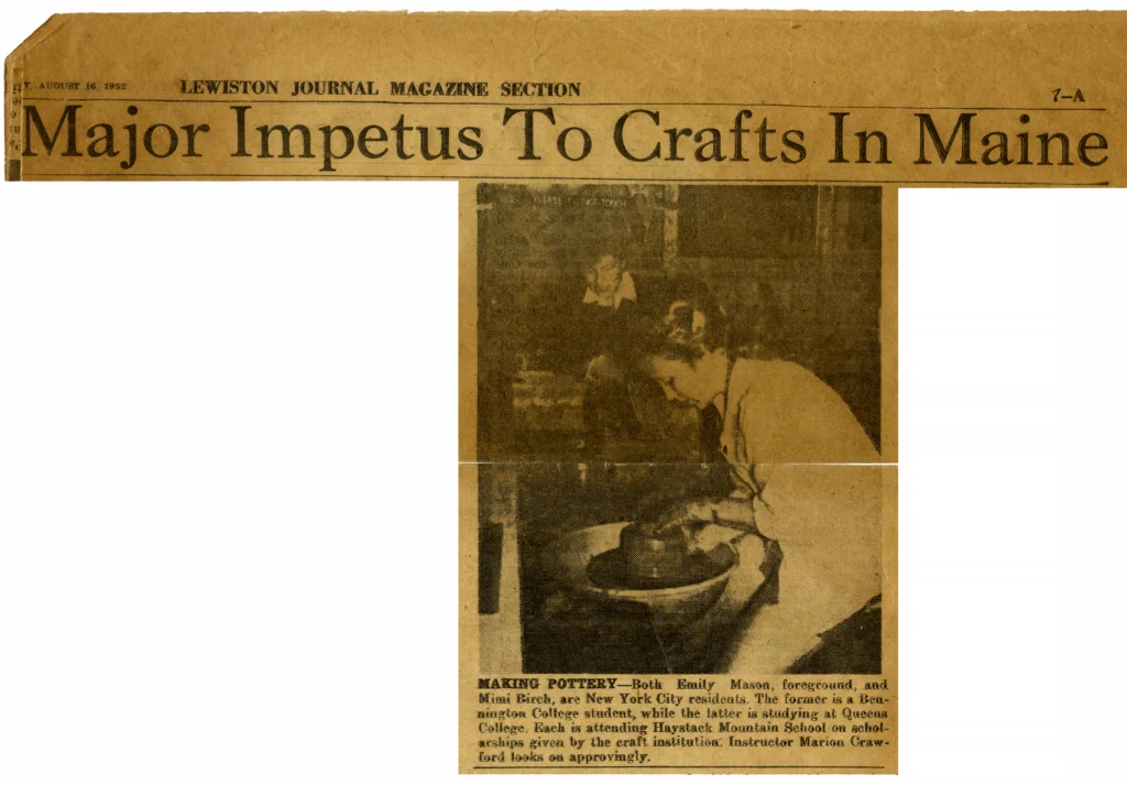 Newspaper article clipping from 1952 featuring an image of a light-skinned woman throwing a clay on a wheel.
