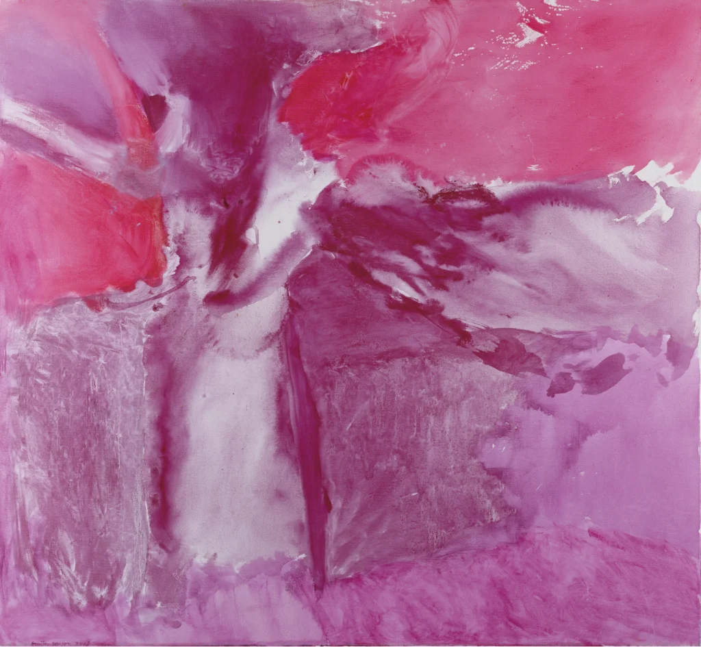 An abstract oil on canvas painting consisting of thin washes of pinks, purples, and magentas.
