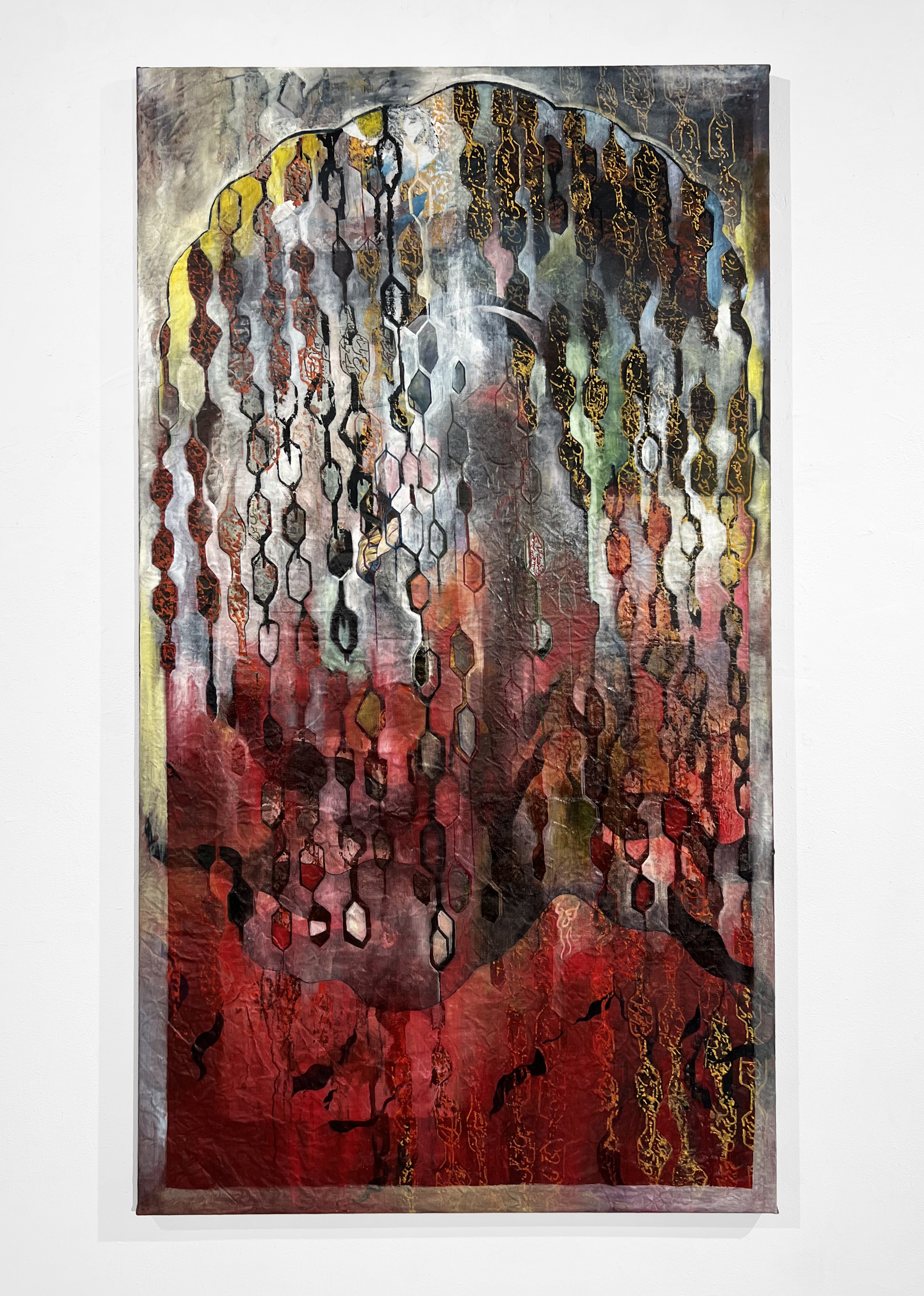 A vertical artwork on canvas of a red figure obscured by multicolored chainlink falling vertically.