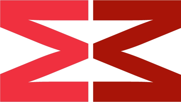 Two touching, horizontal capital "M"s: one a medium red tone, and the other a deep burgundy.