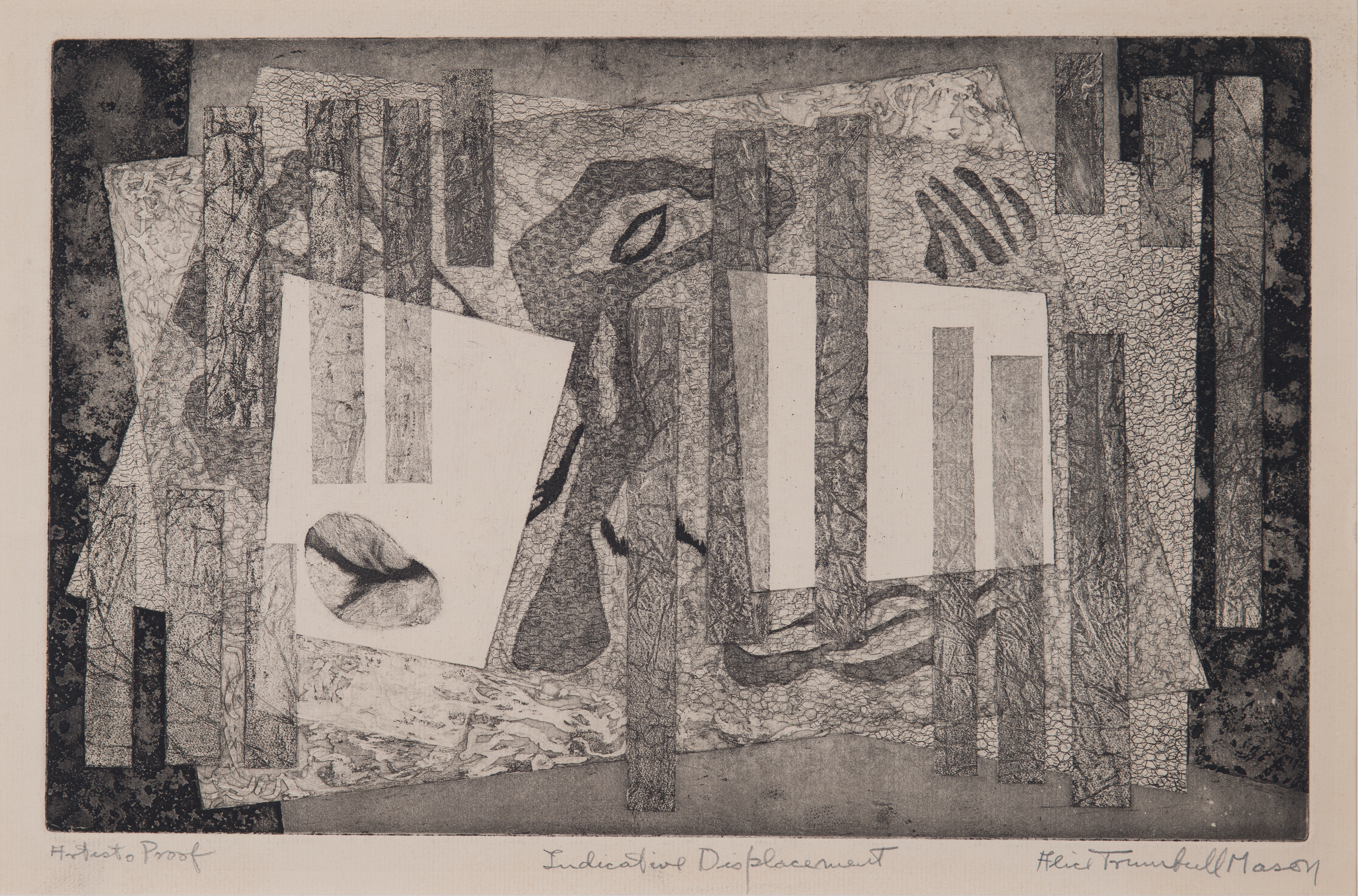 A black-and-white softground etching on paper of geometric and organic shapes