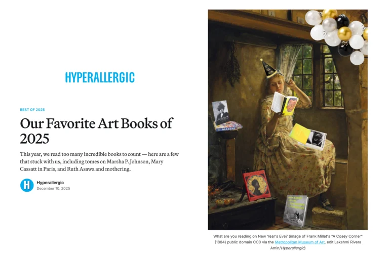 A painting from the 1800's of a woman with books on her lap on the right, with black and light blue text on the left.