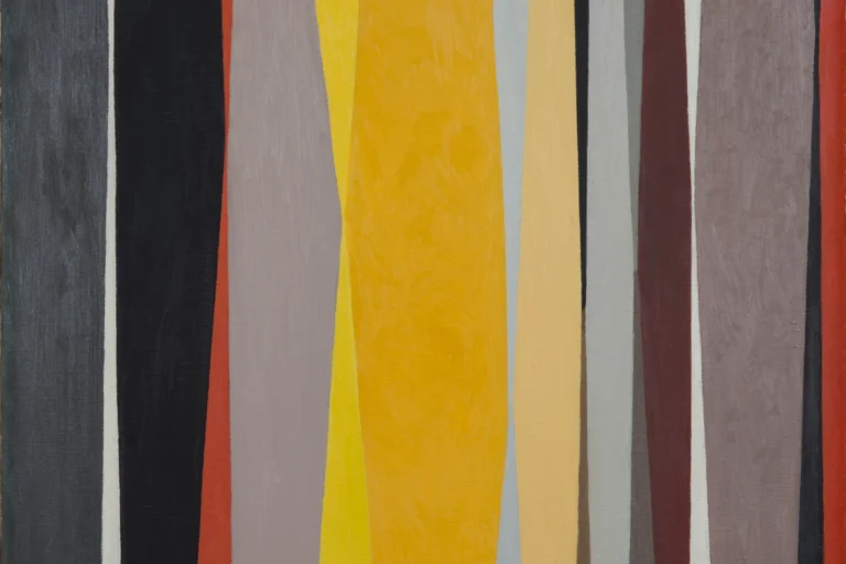 A detail of a geometric, abstract painting made of vertical lines and bars; the colors range from yellows, grey, and browns, with thin bands of red.