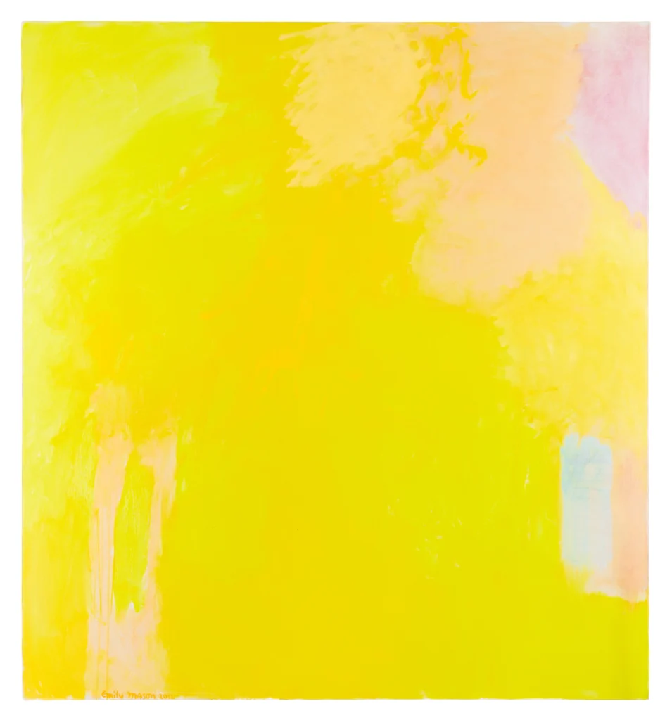 Abstract painting consisting of bright yellow soft gestures, with pinks and peach colors on the right and bottom left of the composition. A soft, light blue patch of color appears at the bottom right of the work.