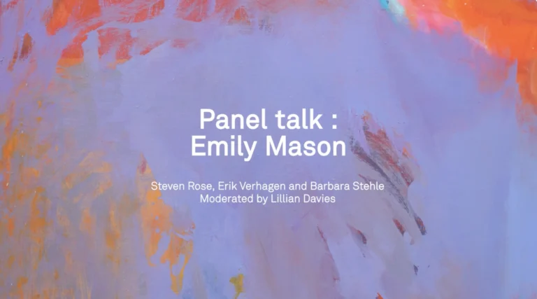 A purple abstract painting with white text that reads "Panel Talk: Emily Mason: Steven Rose, Erik Verhagen, and Barbara Stehle, moderated by Lillian Davies