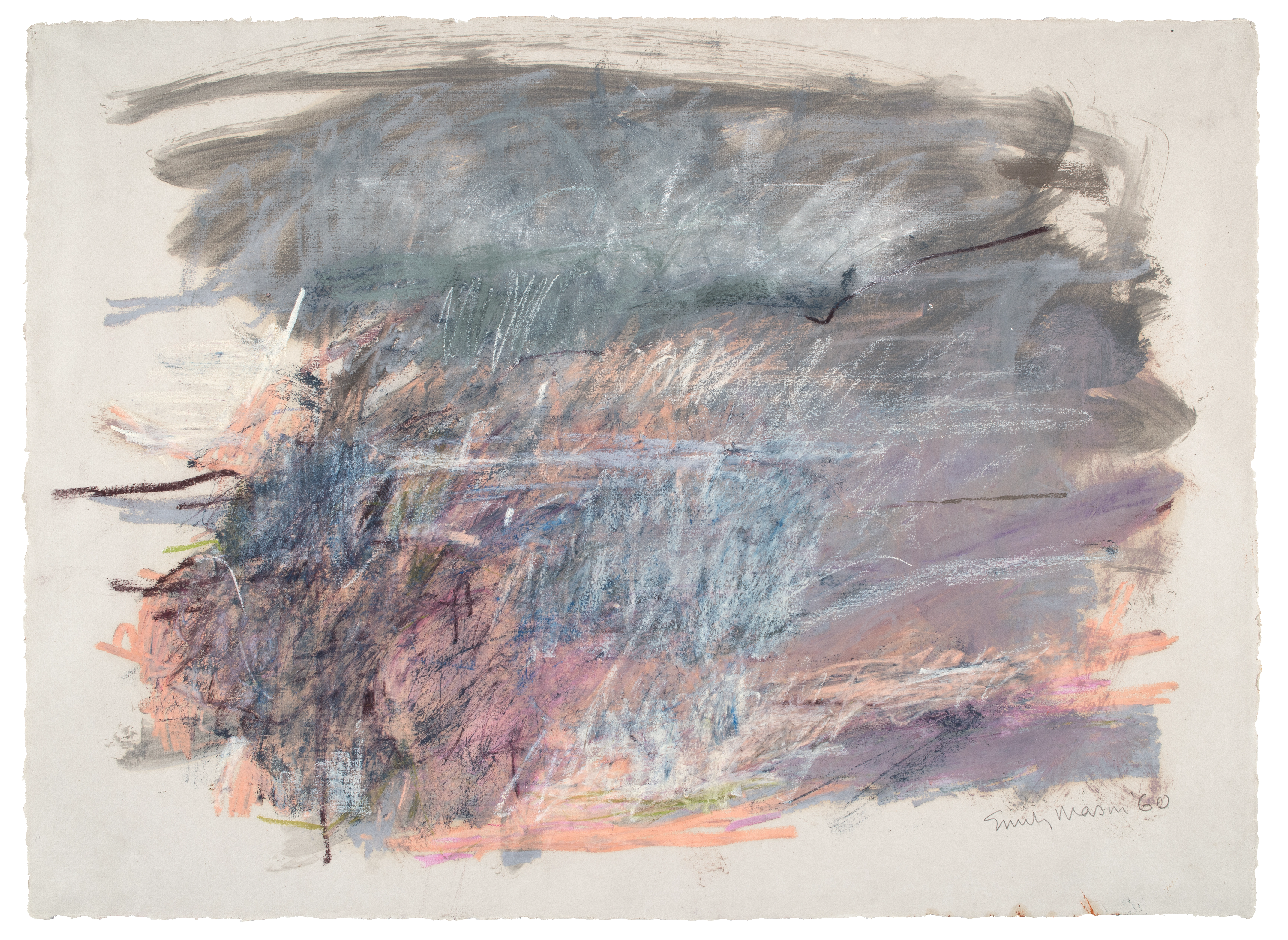 Abstract oil paint and pastel open grey paper, with energetic brushstrokes of grey, purples, blues, white and peach, focused towards the center of the paper.