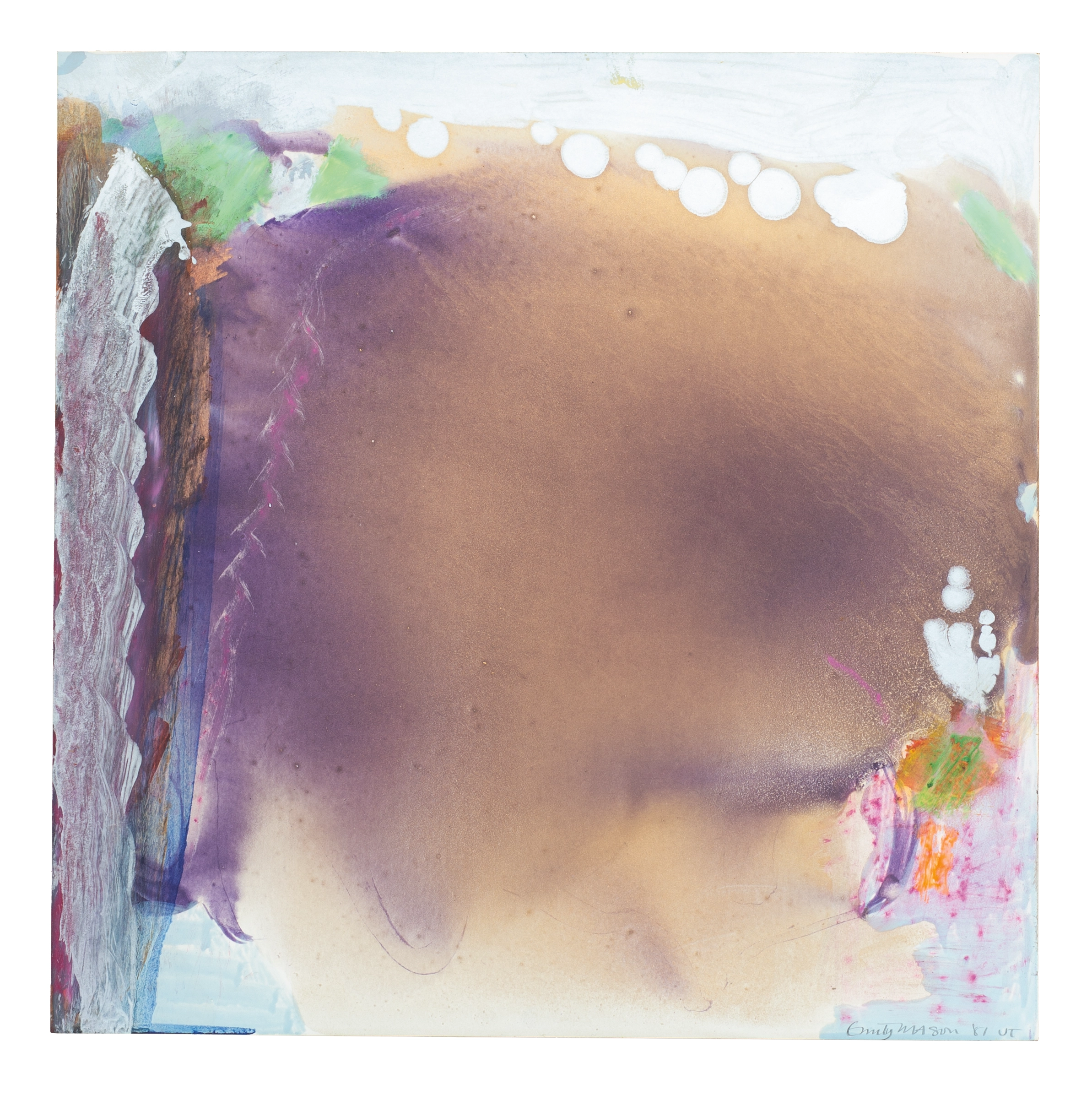 An abstract oil on paper work with a large, water pool of brown and magenta in the center, surrounded by watery marks of grey, purples, and light greens.