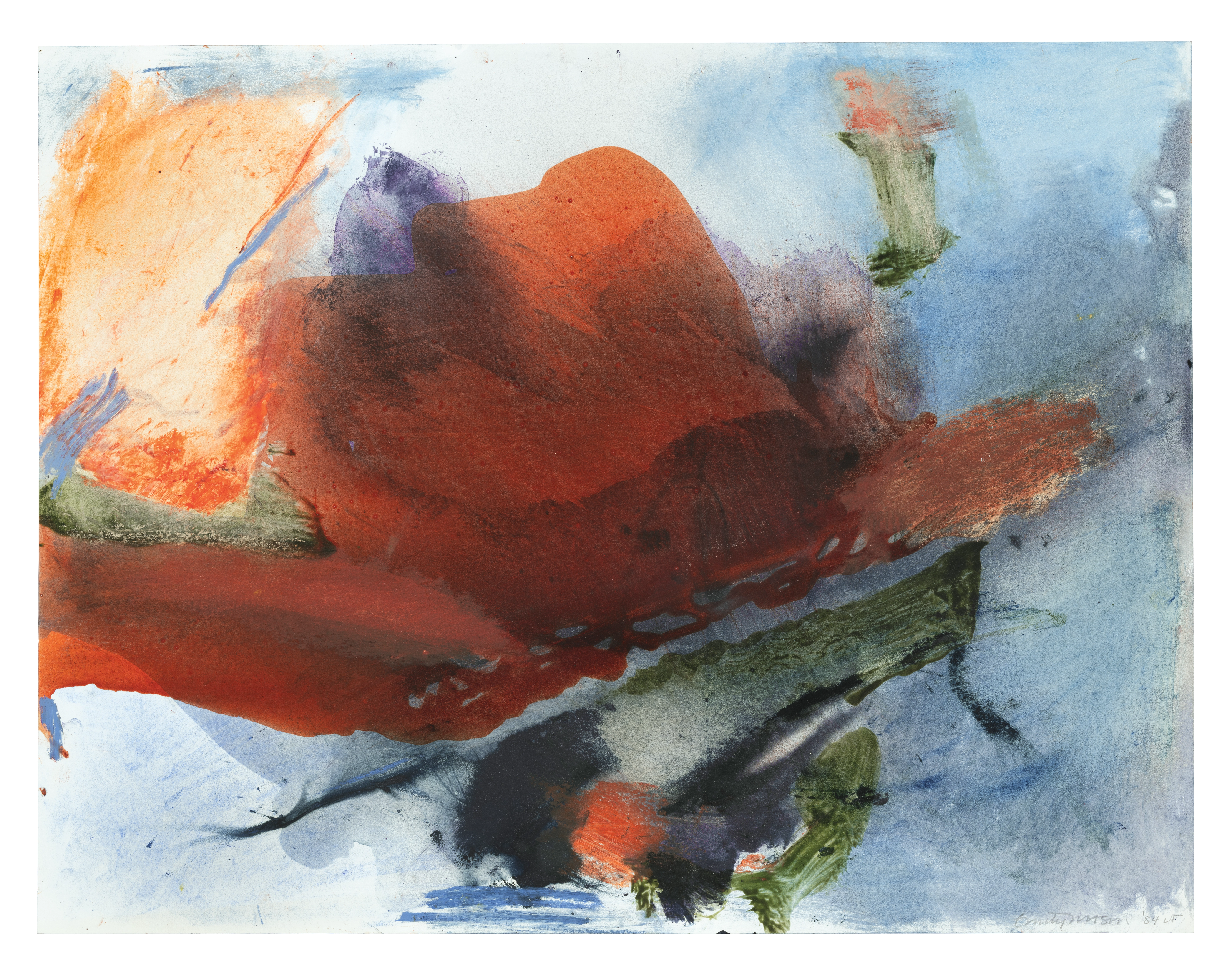 An abstract oil on paper work with a larger, watery, flower-like form in the center, surrounded by washed of various blues and greens. A peek of orange wash appears at the upper-left corner.