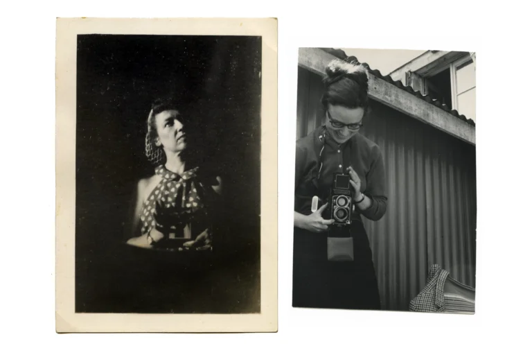 Two black-and-white photographs next to each other, each of light-skinned women holding Brownie-type cameras.