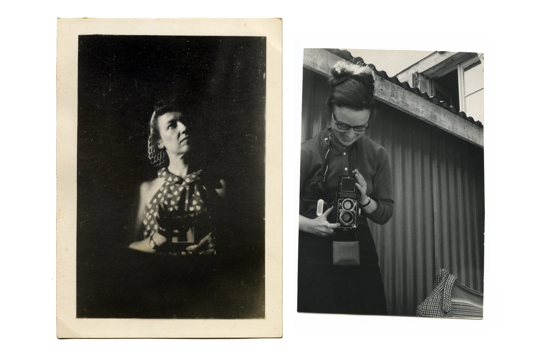 Two black-and-white photographs next to each other, each of light-skinned women holding Brownie-type cameras.