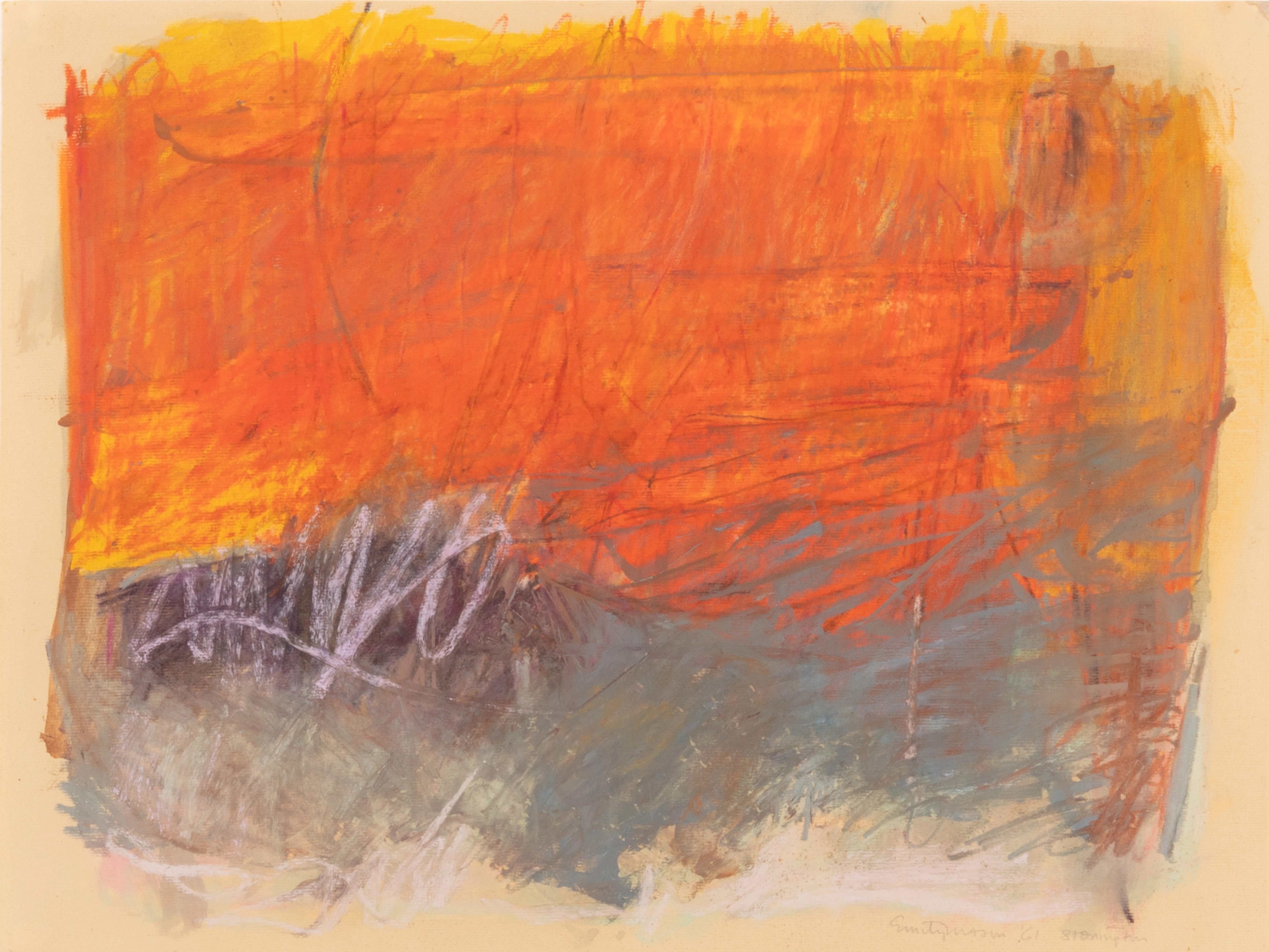 An abstract, oil on paper work with layers of orange over yellow in the upper half of the composition, as well as purple, whites, and grey towards the bottom.
