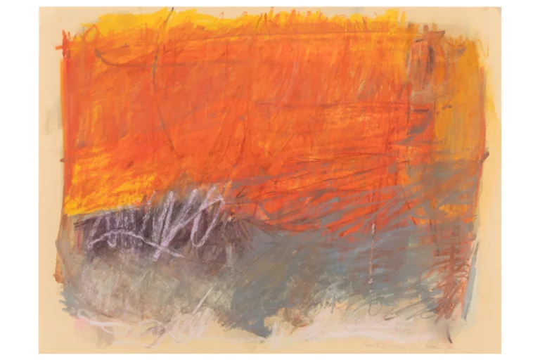 An abstract, oil on paper work with layers of orange over yellow in the upper half of the composition, as well as purple, whites, and grey towards the bottom.