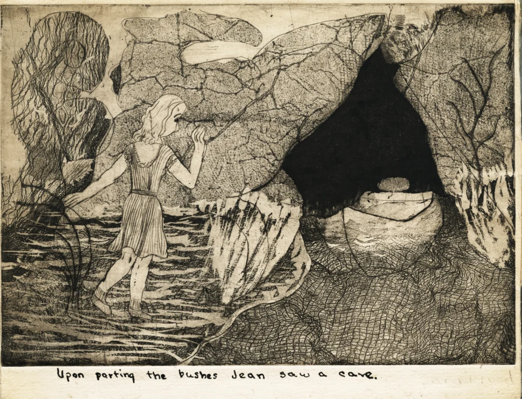 A black and white etching of a girl discovering a cave.