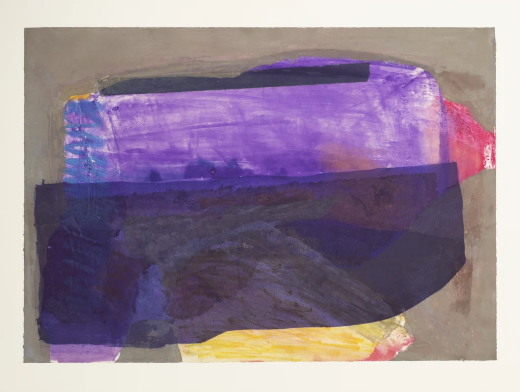 Abstract print with ink and collage, comprised of horizontal rectangles of light and dark purple, red, yellow, and blue.