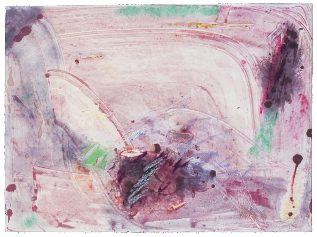 Abstract print comprised of pink and purple gestures and drips, with light green stippling throughout.